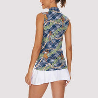 Navy Blue Palaka Hula Girls Seamless Hawaii Aloha Women Sleeveless Polo Shirt - Polynesian Pride