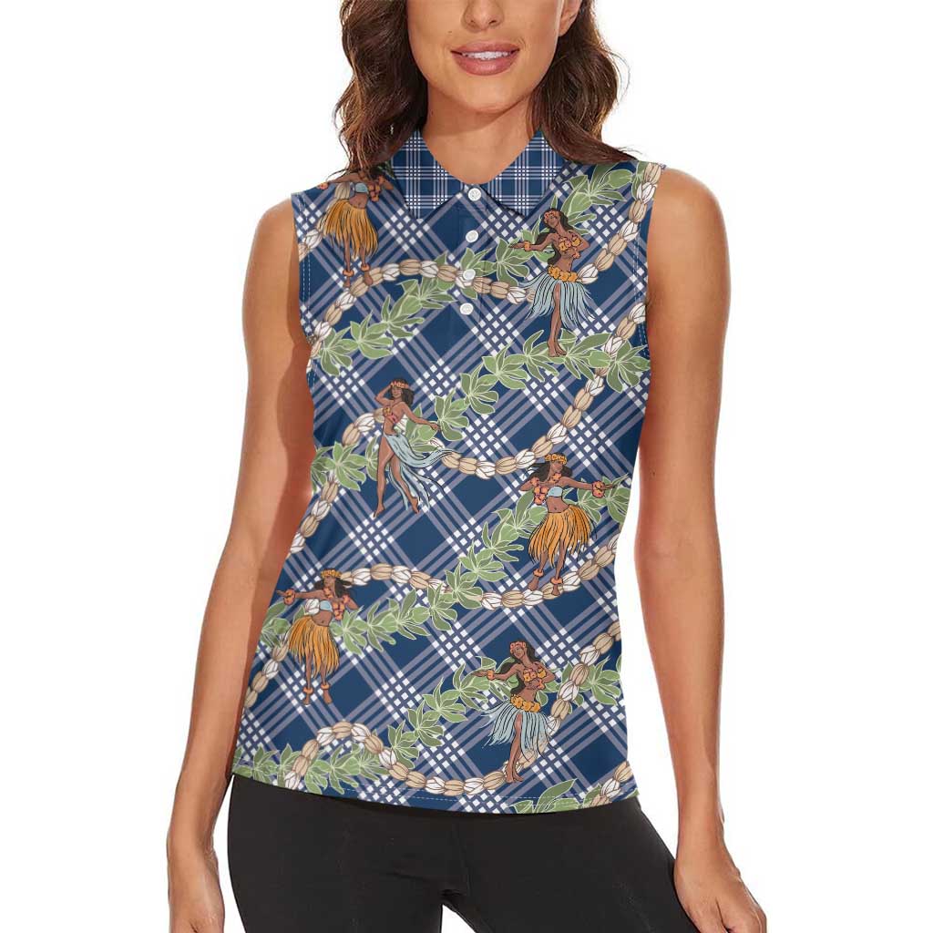 Navy Blue Palaka Hula Girls Seamless Hawaii Aloha Women Sleeveless Polo Shirt - Polynesian Pride