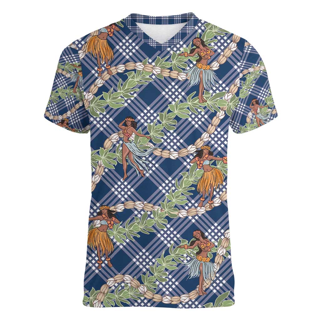 Navy Blue Palaka Hula Girls Seamless Hawaii Aloha Women V-Neck T-Shirt - Polynesian Pride