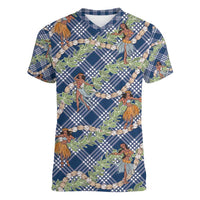 Navy Blue Palaka Hula Girls Seamless Hawaii Aloha Women V-Neck T-Shirt - Polynesian Pride