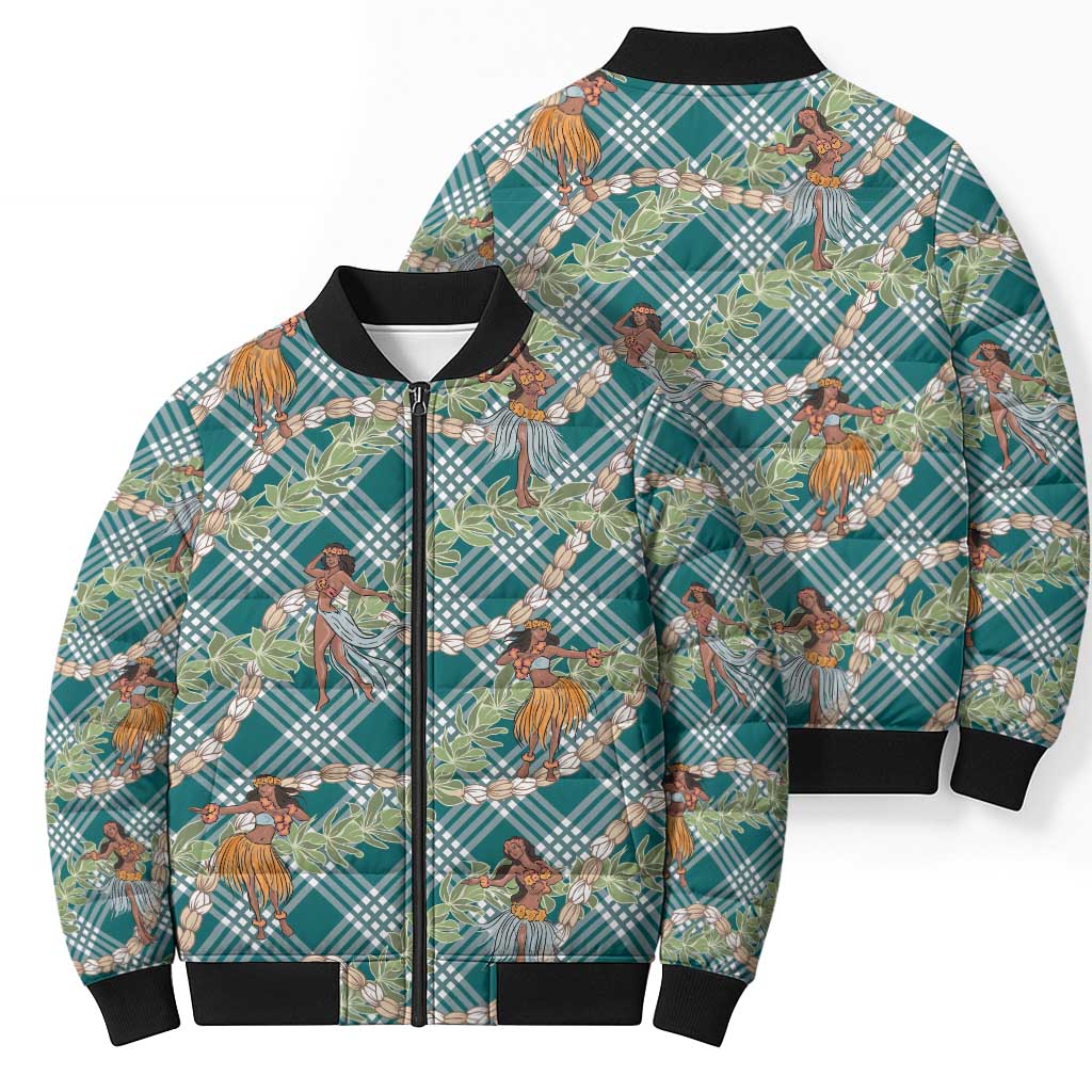 Teal Palaka Hula Girls Seamless Hawaii Aloha Bomber Puffer Jacket - Polynesian Pride