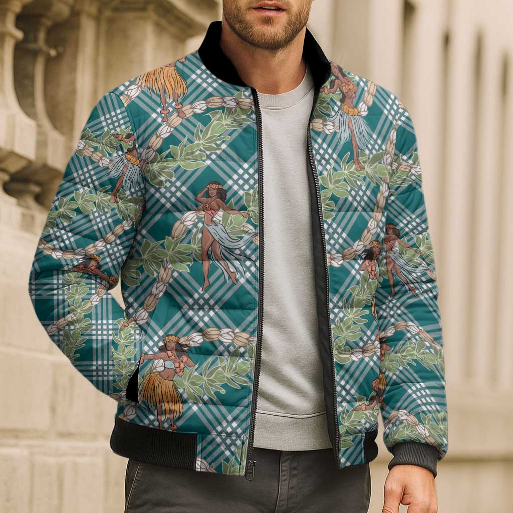 Teal Palaka Hula Girls Seamless Hawaii Aloha Bomber Puffer Jacket - Polynesian Pride