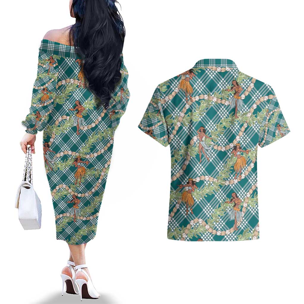 Teal Palaka Hula Girls Seamless Hawaii Aloha Couples Matching Off The Shoulder Long Sleeve Dress and Hawaiian Shirt - Polynesian Pride