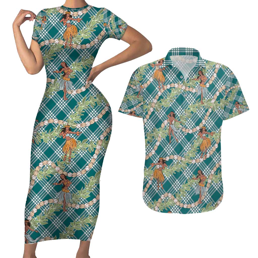 Teal Palaka Hula Girls Seamless Hawaii Aloha Couples Matching Short Sleeve Bodycon Dress and Hawaiian Shirt - Polynesian Pride