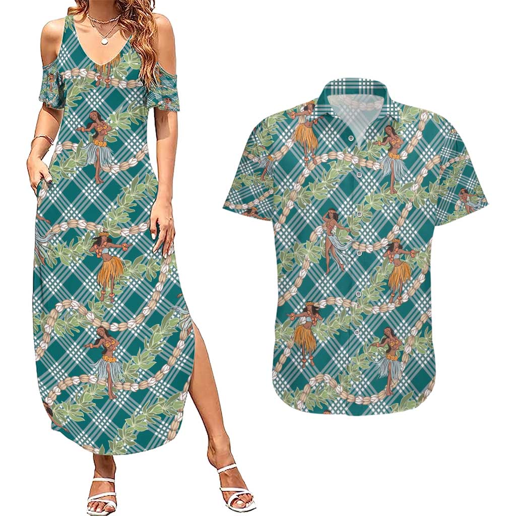 Teal Palaka Hula Girls Seamless Hawaii Aloha Couples Matching Summer Maxi Dress and Hawaiian Shirt - Polynesian Pride
