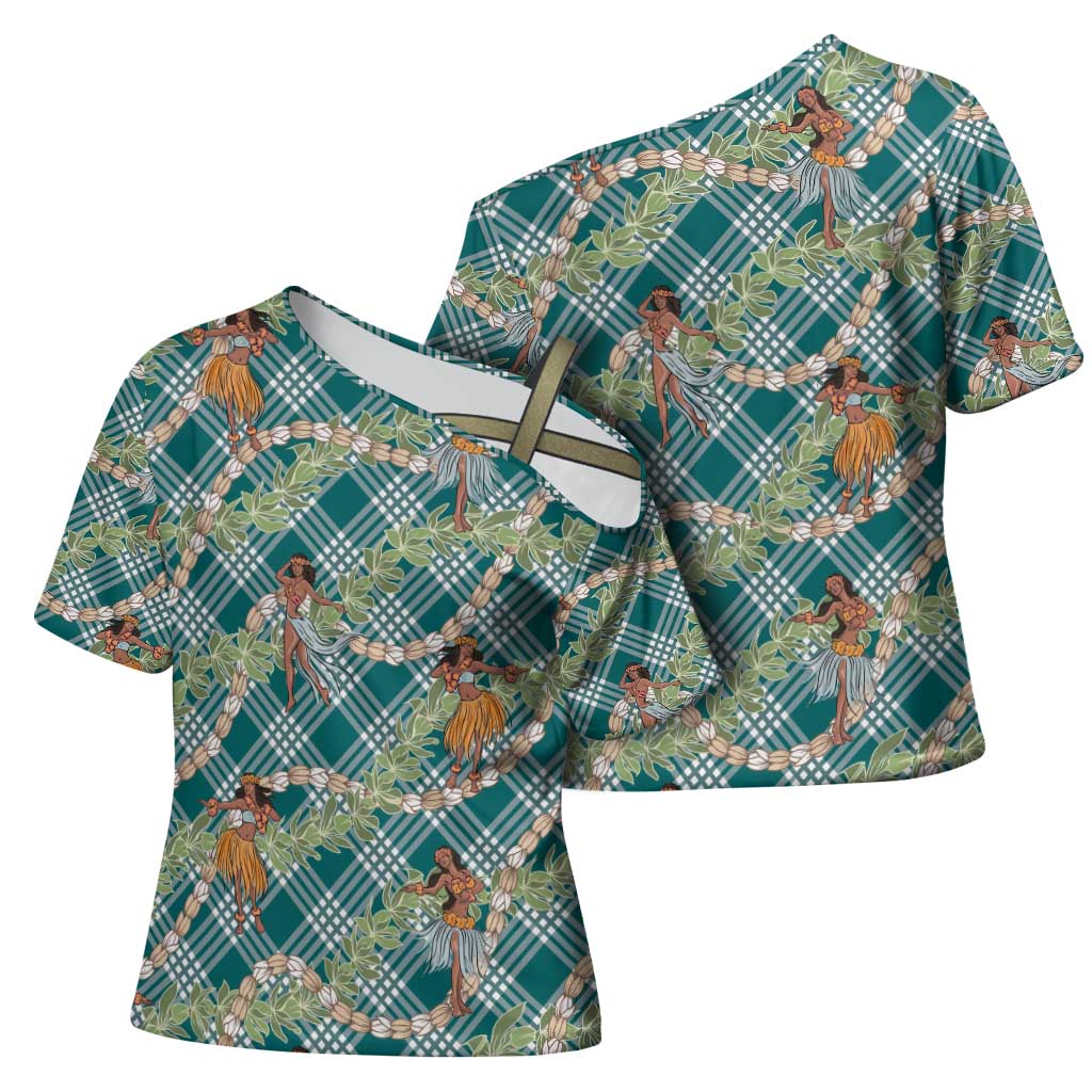 Teal Palaka Hula Girls Seamless Hawaii Aloha Cross Shoulder Shirt - Polynesian Pride