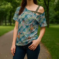 Teal Palaka Hula Girls Seamless Hawaii Aloha Cross Shoulder Shirt - Polynesian Pride