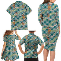 Teal Palaka Hula Girls Seamless Hawaii Aloha Family Matching Long Sleeve Bodycon Dress and Hawaiian Shirt - Polynesian Pride
