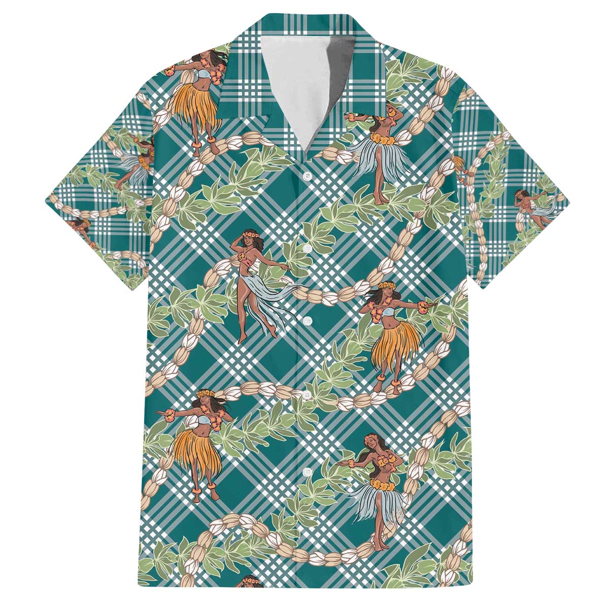 Teal Palaka Hula Girls Seamless Hawaii Aloha Family Matching Off The Shoulder Long Sleeve Dress and Hawaiian Shirt - Polynesian Pride