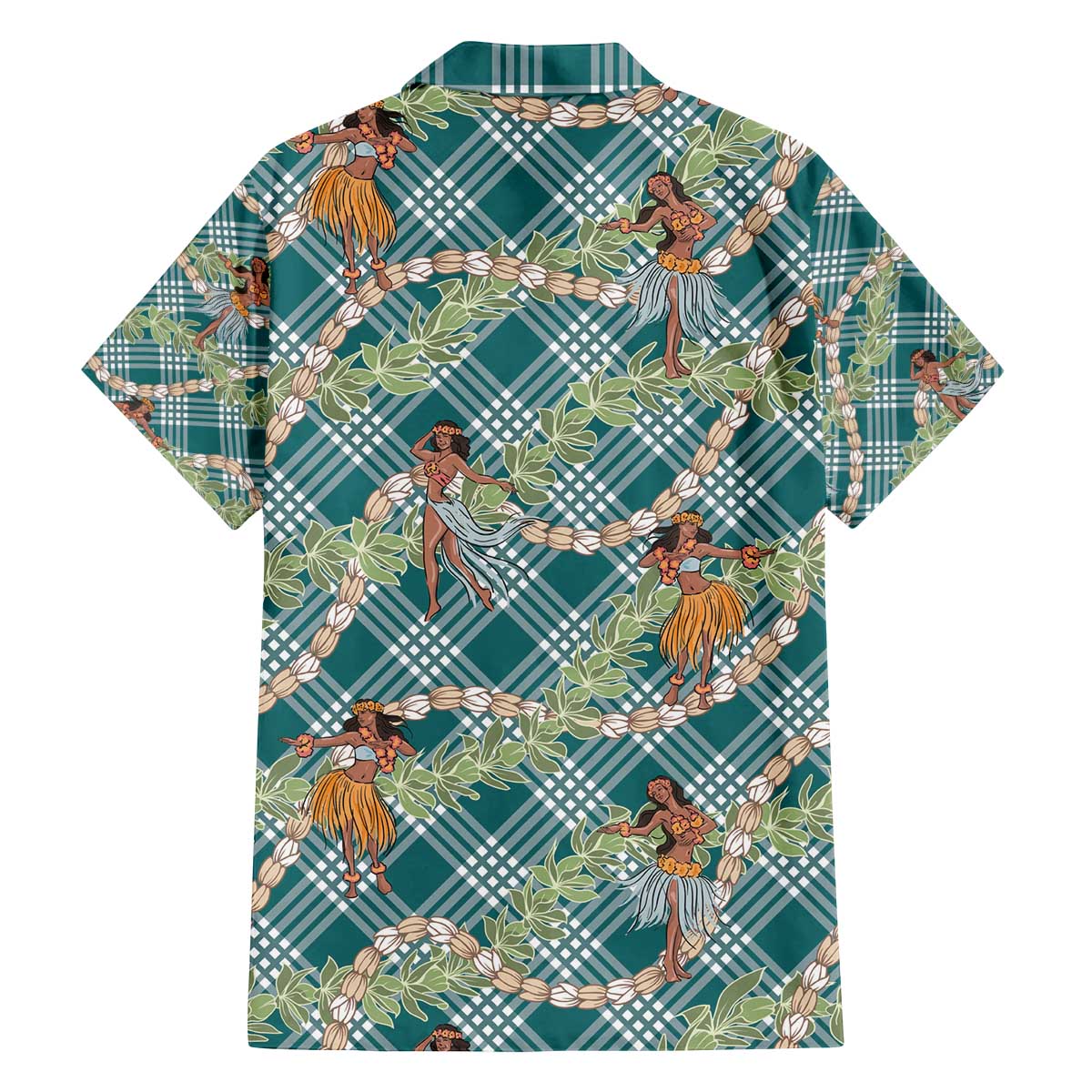 Teal Palaka Hula Girls Seamless Hawaii Aloha Family Matching Off The Shoulder Long Sleeve Dress and Hawaiian Shirt - Polynesian Pride