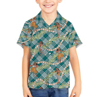 Teal Palaka Hula Girls Seamless Hawaii Aloha Family Matching Off The Shoulder Long Sleeve Dress and Hawaiian Shirt - Polynesian Pride