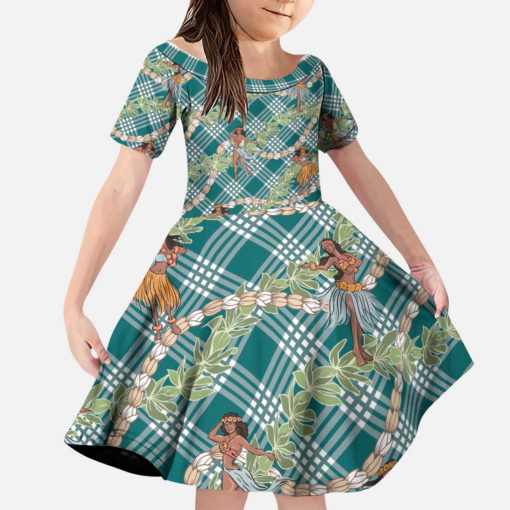 Teal Palaka Hula Girls Seamless Hawaii Aloha Family Matching Off Shoulder Maxi Dress and Hawaiian Shirt - Polynesian Pride