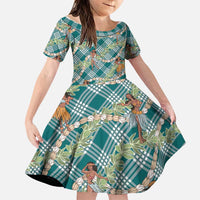 Teal Palaka Hula Girls Seamless Hawaii Aloha Family Matching Off Shoulder Maxi Dress and Hawaiian Shirt - Polynesian Pride