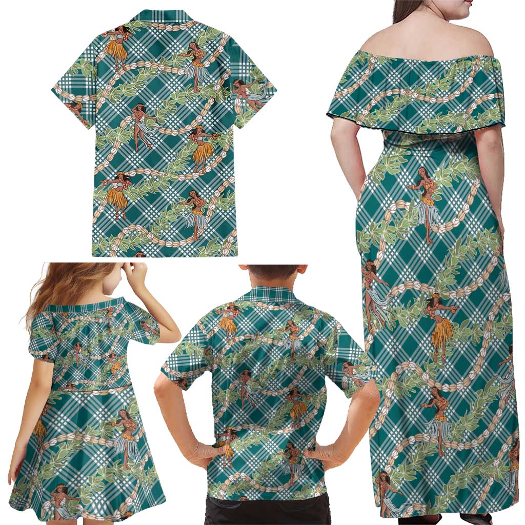 Teal Palaka Hula Girls Seamless Hawaii Aloha Family Matching Off Shoulder Maxi Dress and Hawaiian Shirt - Polynesian Pride