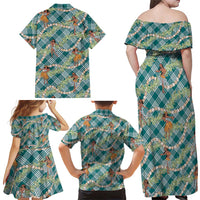Teal Palaka Hula Girls Seamless Hawaii Aloha Family Matching Off Shoulder Maxi Dress and Hawaiian Shirt - Polynesian Pride