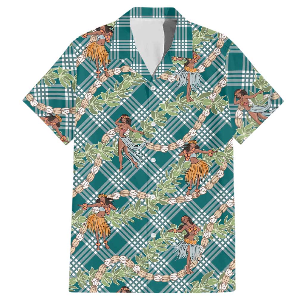 Teal Palaka Hula Girls Seamless Hawaii Aloha Family Matching Off Shoulder Maxi Dress and Hawaiian Shirt - Polynesian Pride