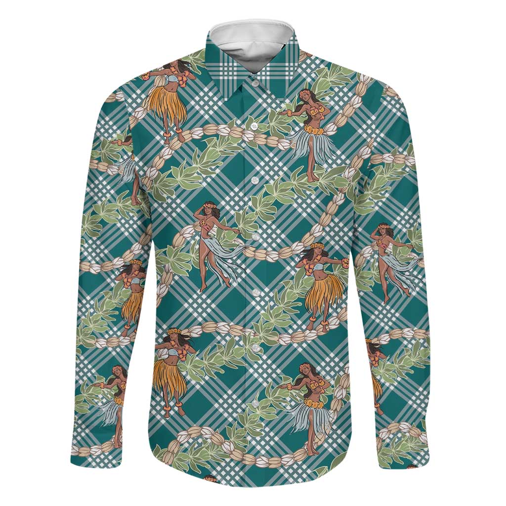 Teal Palaka Hula Girls Seamless Hawaii Aloha Family Matching Off Shoulder Maxi Dress and Hawaiian Shirt - Polynesian Pride