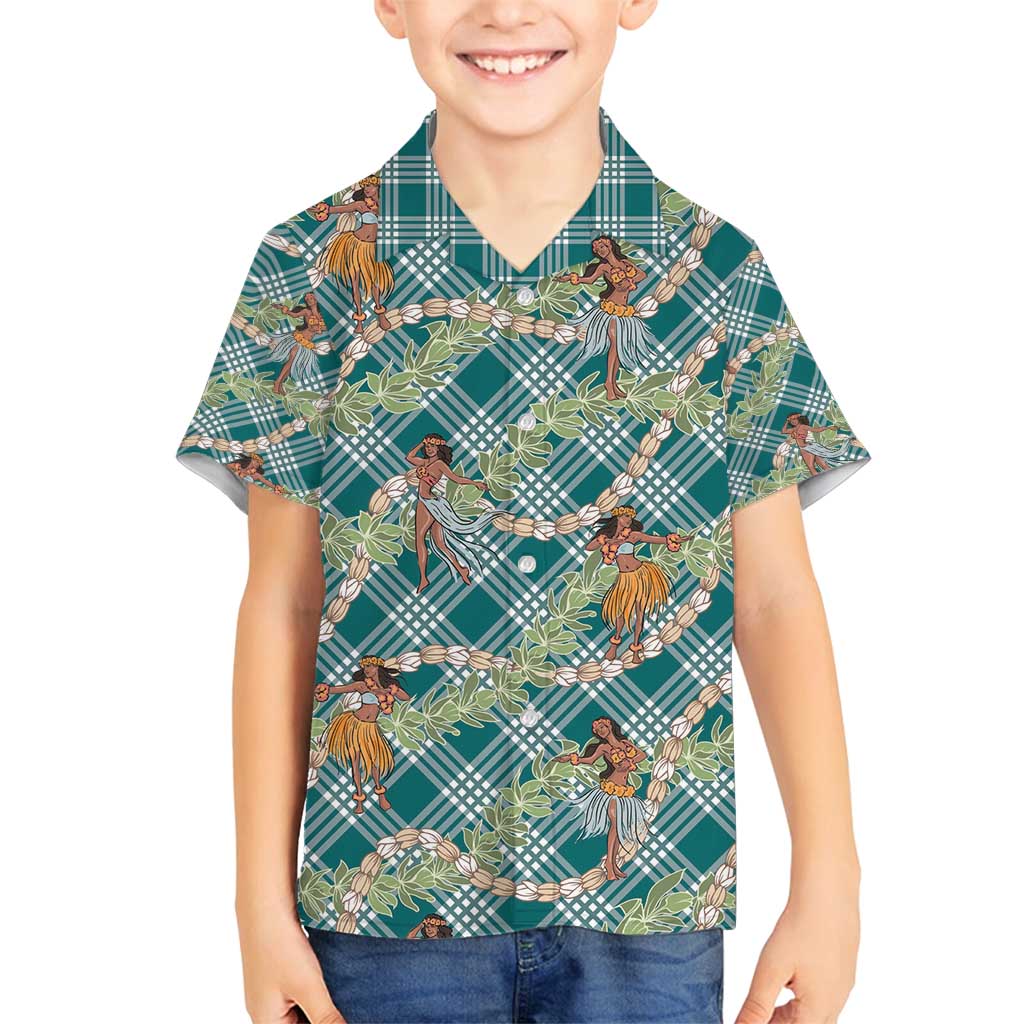 Teal Palaka Hula Girls Seamless Hawaii Aloha Family Matching Off Shoulder Short Dress and Hawaiian Shirt - Polynesian Pride
