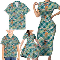 Teal Palaka Hula Girls Seamless Hawaii Aloha Family Matching Short Sleeve Bodycon Dress and Hawaiian Shirt - Polynesian Pride
