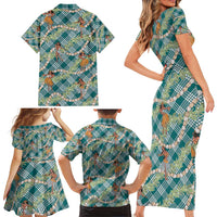 Teal Palaka Hula Girls Seamless Hawaii Aloha Family Matching Short Sleeve Bodycon Dress and Hawaiian Shirt - Polynesian Pride