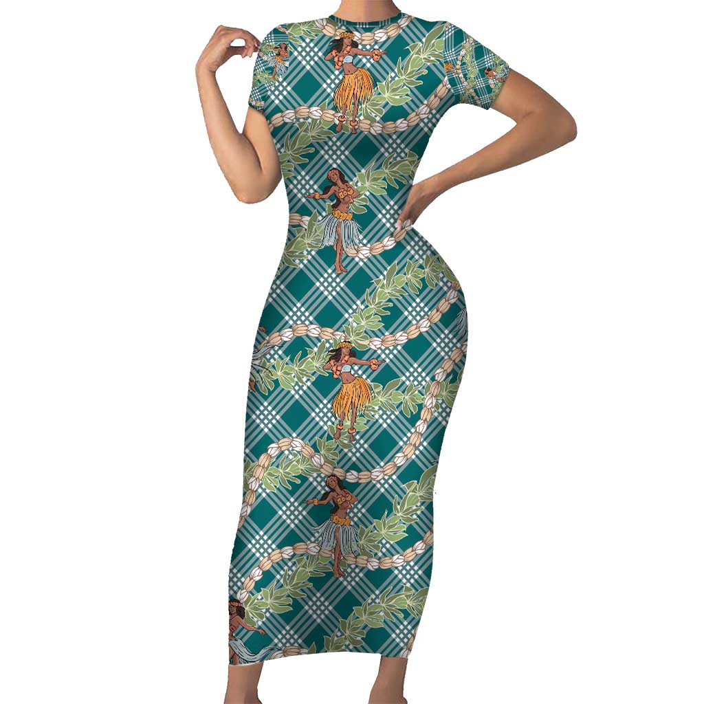 Teal Palaka Hula Girls Seamless Hawaii Aloha Family Matching Short Sleeve Bodycon Dress and Hawaiian Shirt - Polynesian Pride