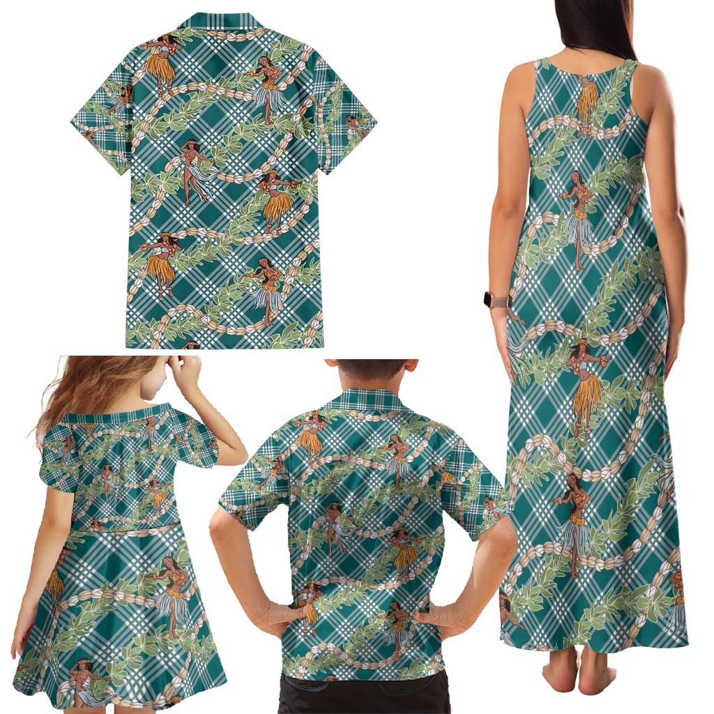 Teal Palaka Hula Girls Seamless Hawaii Aloha Family Matching Tank Maxi Dress and Hawaiian Shirt - Polynesian Pride