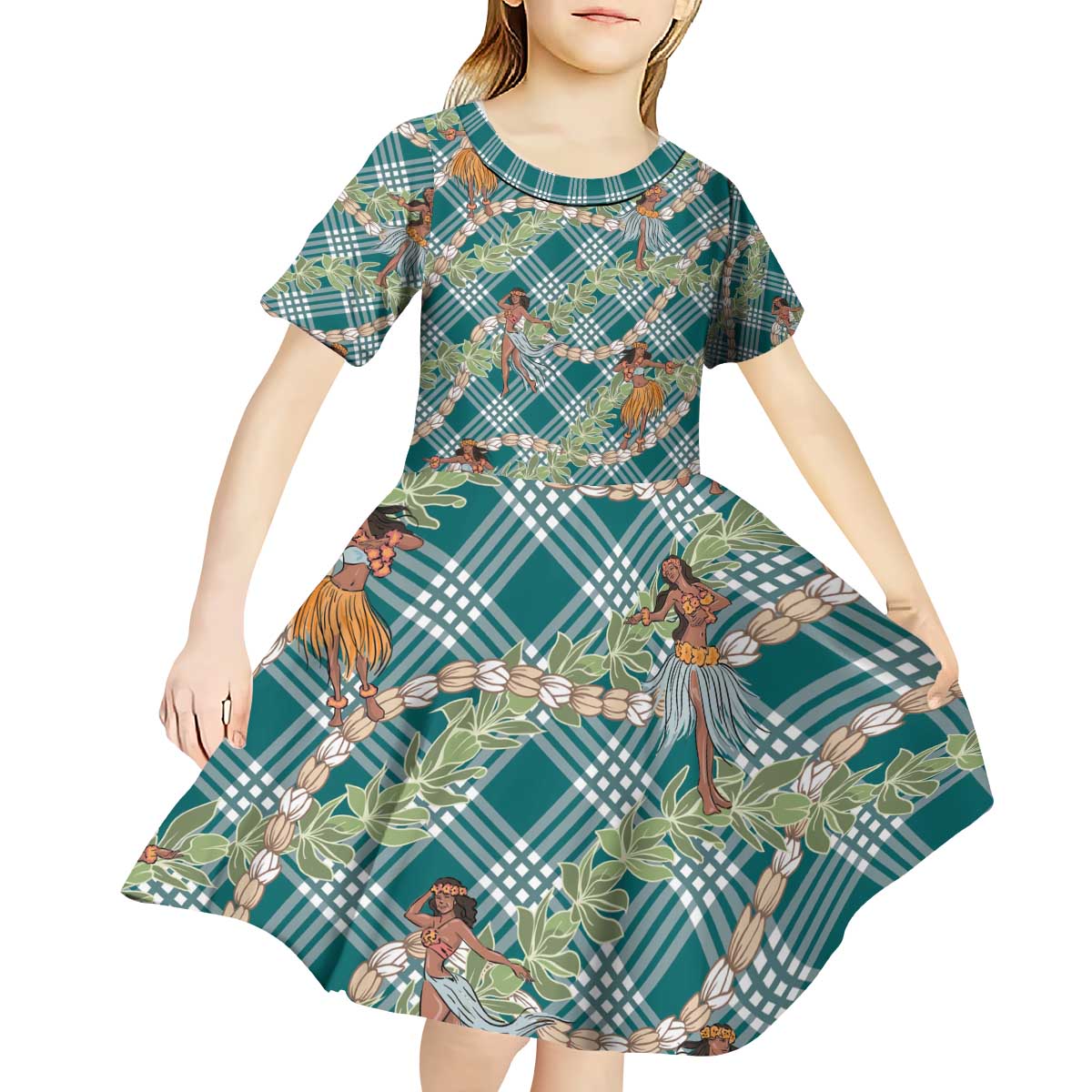 Teal Palaka Hula Girls Seamless Hawaii Aloha Kid Short Sleeve Dress - Polynesian Pride