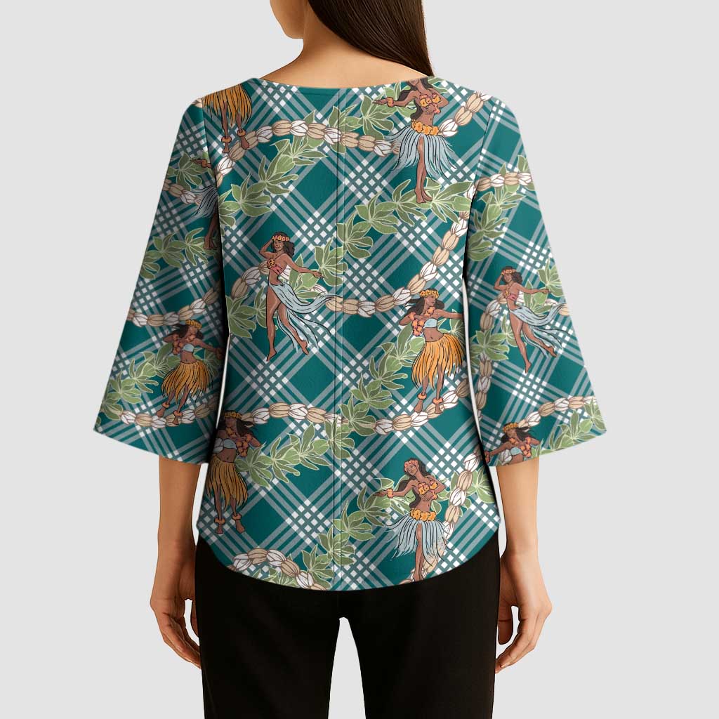 Teal Palaka Hula Girls Seamless Hawaii Aloha Kimono Sleeve Blouse - Polynesian Pride