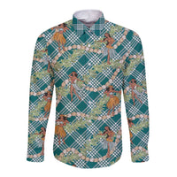 Teal Palaka Hula Girls Seamless Hawaii Aloha Long Sleeve Button Shirt - Polynesian Pride