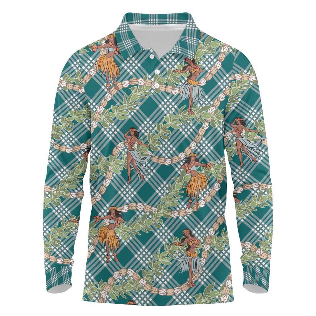 Teal Palaka Hula Girls Seamless Hawaii Aloha Long Sleeve Polo Shirt LT7 Teal - Polynesian Pride