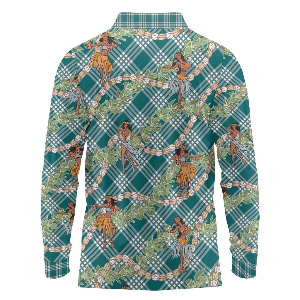 Teal Palaka Hula Girls Seamless Hawaii Aloha Long Sleeve Polo Shirt LT7 - Polynesian Pride
