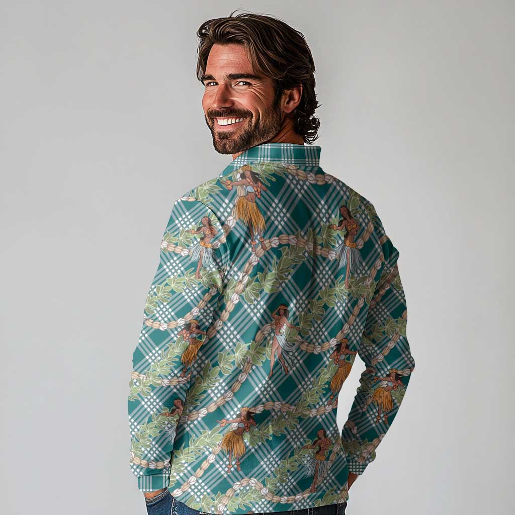 Teal Palaka Hula Girls Seamless Hawaii Aloha Long Sleeve Polo Shirt LT7 - Polynesian Pride