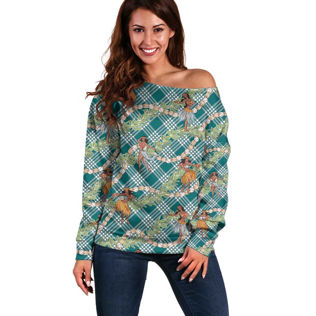 Teal Palaka Hula Girls Seamless Hawaii Aloha Off Shoulder Sweater - Polynesian Pride