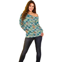 Teal Palaka Hula Girls Seamless Hawaii Aloha Off Shoulder Sweater - Polynesian Pride