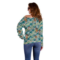 Teal Palaka Hula Girls Seamless Hawaii Aloha Off Shoulder Sweater - Polynesian Pride