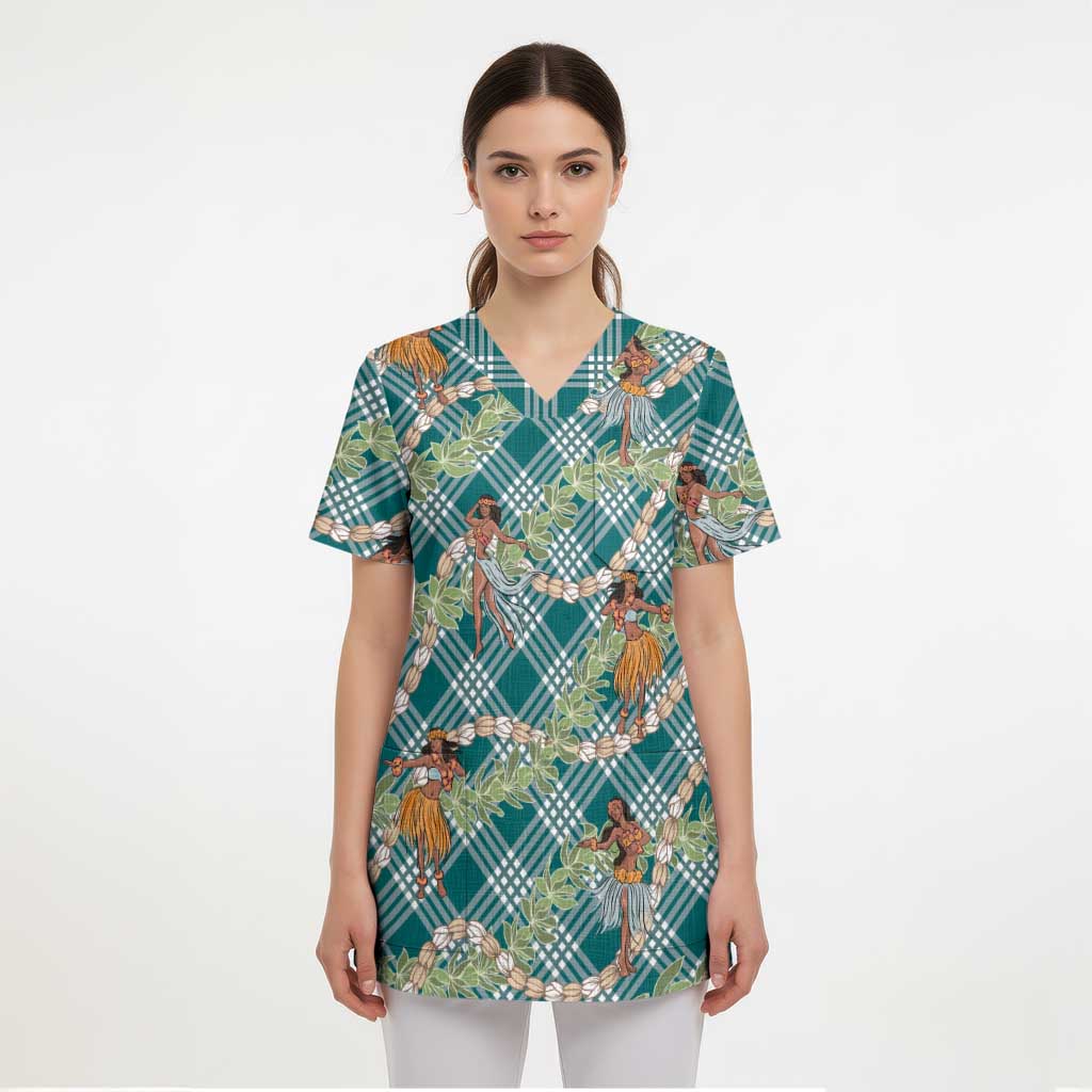 Teal Palaka Hula Girls Seamless Hawaii Aloha Scrub Top LT7 - Polynesian Pride