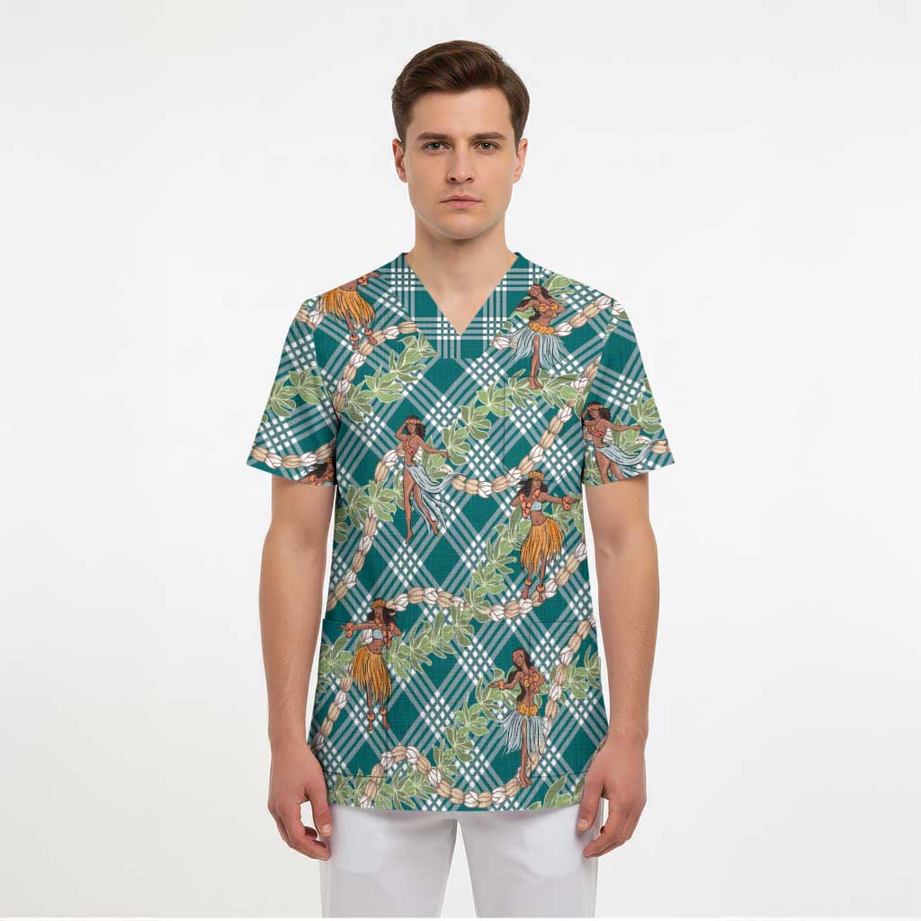 Teal Palaka Hula Girls Seamless Hawaii Aloha Scrub Top LT7 - Polynesian Pride