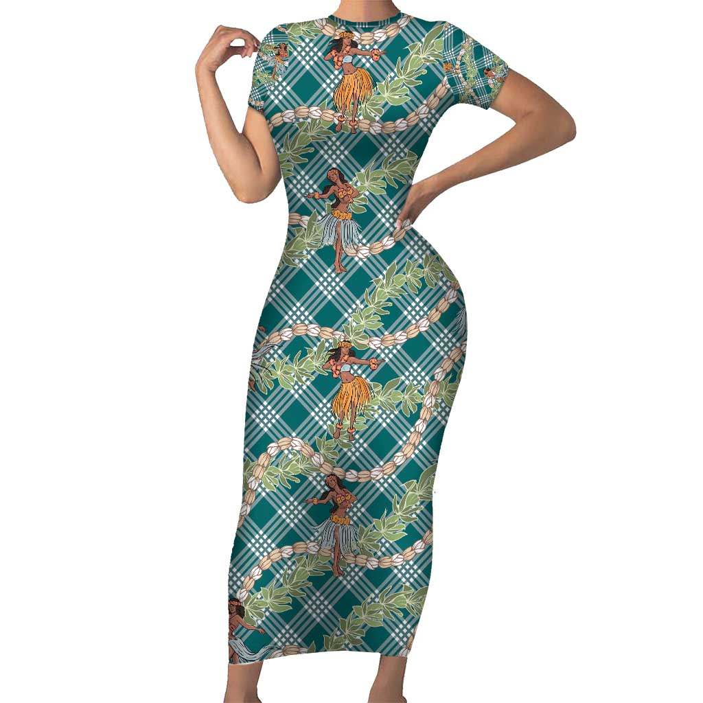 Teal Palaka Hula Girls Seamless Hawaii Aloha Short Sleeve Bodycon Dress - Polynesian Pride