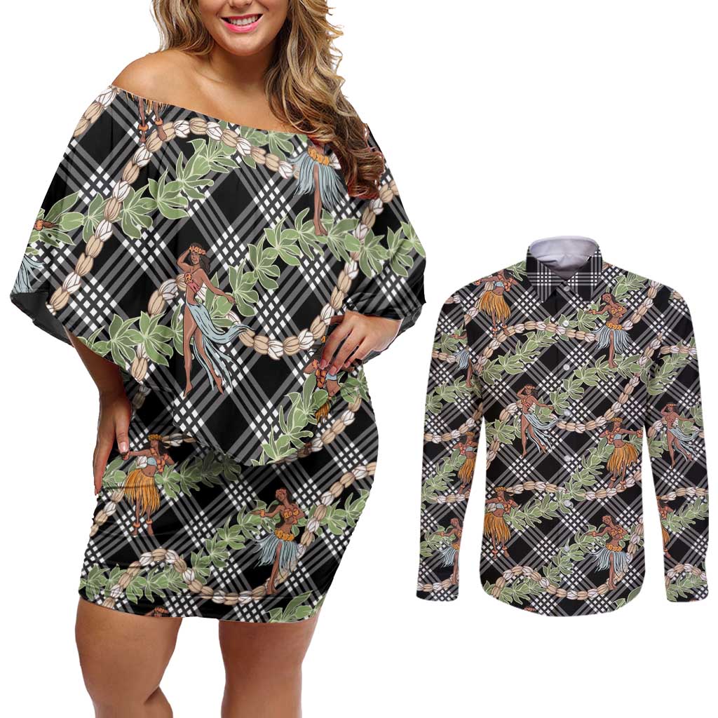 Sable Palaka Hula Girls Seamless Hawaii Aloha Couples Matching Off Shoulder Short Dress and Long Sleeve Button Shirt - Polynesian Pride