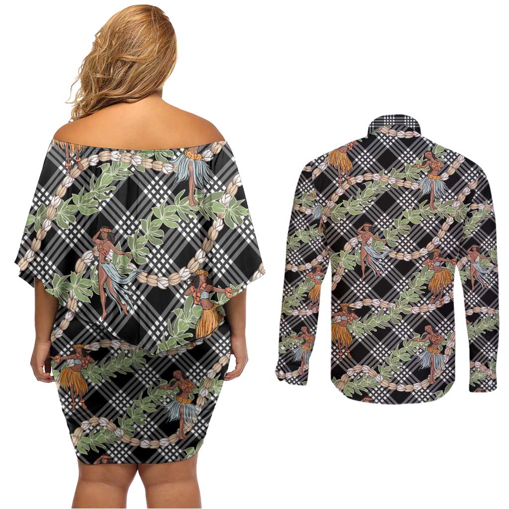 Sable Palaka Hula Girls Seamless Hawaii Aloha Couples Matching Off Shoulder Short Dress and Long Sleeve Button Shirt - Polynesian Pride