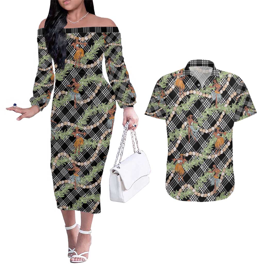 Sable Palaka Hula Girls Seamless Hawaii Aloha Couples Matching Off The Shoulder Long Sleeve Dress and Hawaiian Shirt - Polynesian Pride