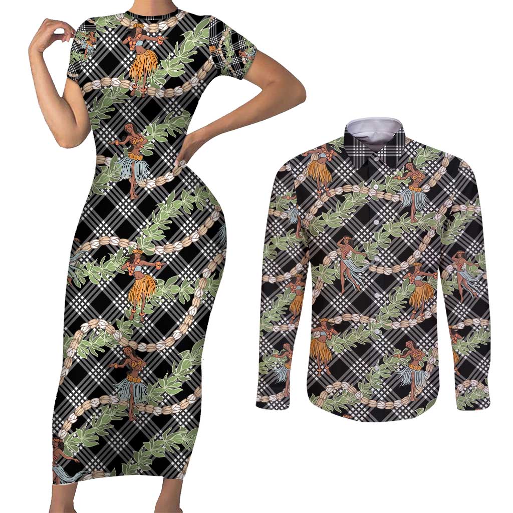 Sable Palaka Hula Girls Seamless Hawaii Aloha Couples Matching Short Sleeve Bodycon Dress and Long Sleeve Button Shirt - Polynesian Pride