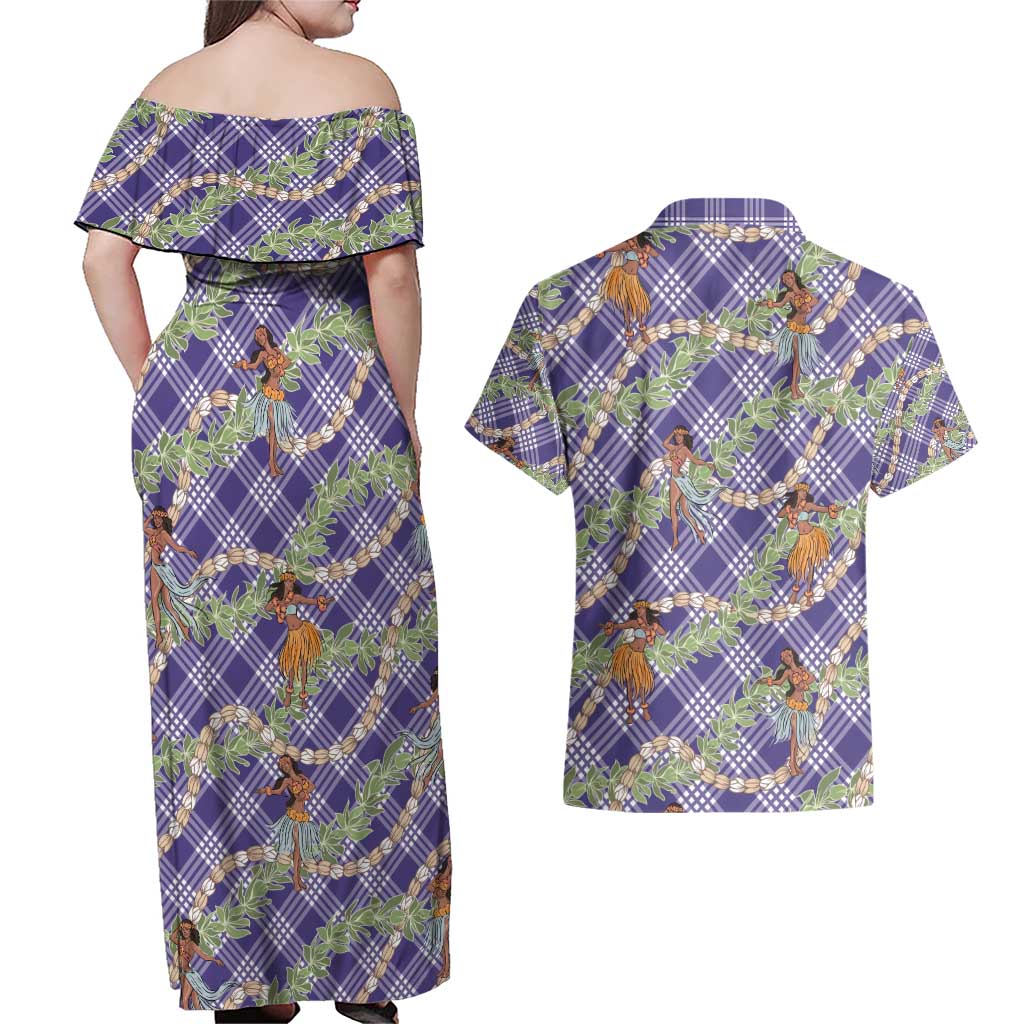 Lavender Palaka Hula Girls Seamless Hawaii Aloha Couples Matching Off Shoulder Maxi Dress and Hawaiian Shirt - Polynesian Pride