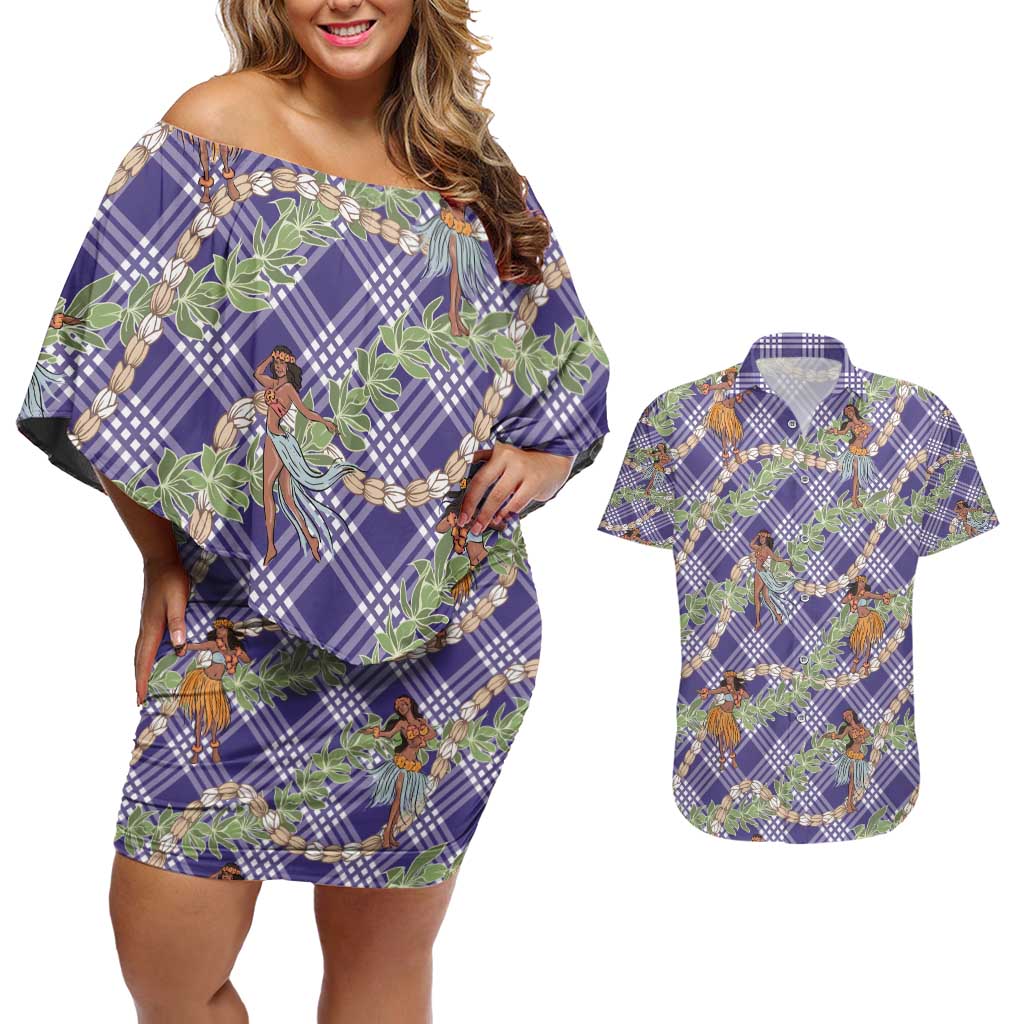 Lavender Palaka Hula Girls Seamless Hawaii Aloha Couples Matching Off Shoulder Short Dress and Hawaiian Shirt - Polynesian Pride