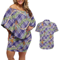 Lavender Palaka Hula Girls Seamless Hawaii Aloha Couples Matching Off Shoulder Short Dress and Hawaiian Shirt - Polynesian Pride