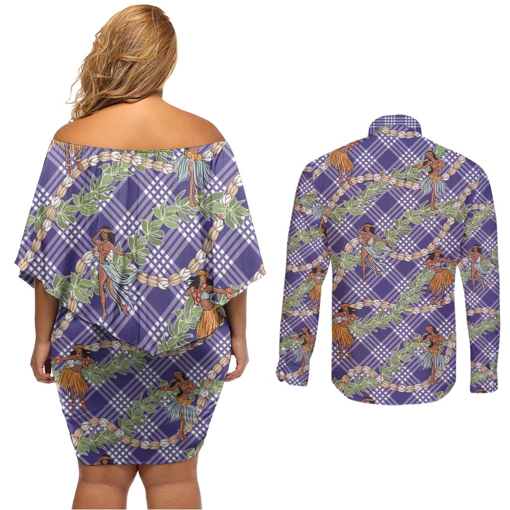 Lavender Palaka Hula Girls Seamless Hawaii Aloha Couples Matching Off Shoulder Short Dress and Long Sleeve Button Shirt - Polynesian Pride