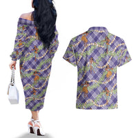 Lavender Palaka Hula Girls Seamless Hawaii Aloha Couples Matching Off The Shoulder Long Sleeve Dress and Hawaiian Shirt - Polynesian Pride