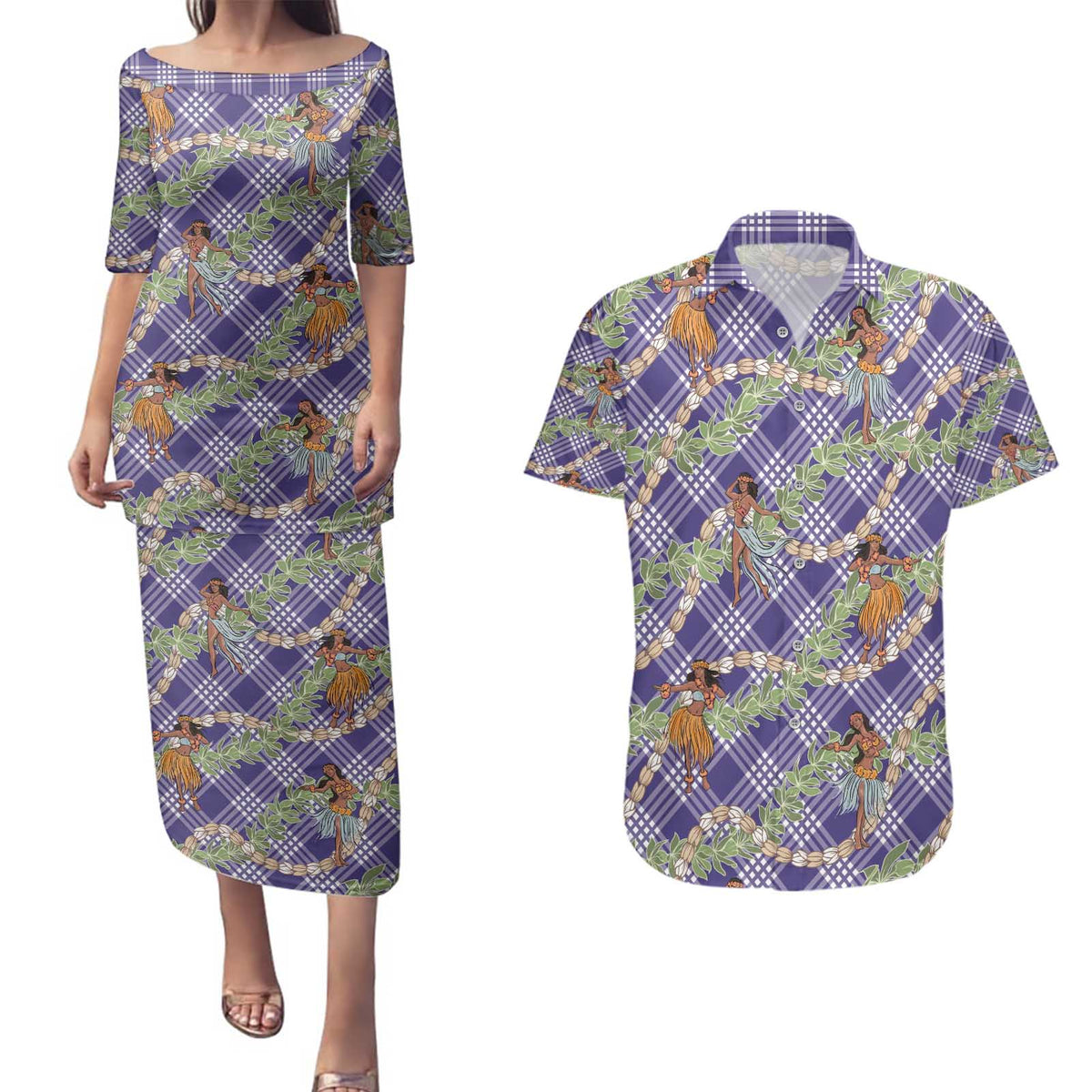 Lavender Palaka Hula Girls Seamless Hawaii Aloha Couples Matching Puletasi and Hawaiian Shirt - Polynesian Pride