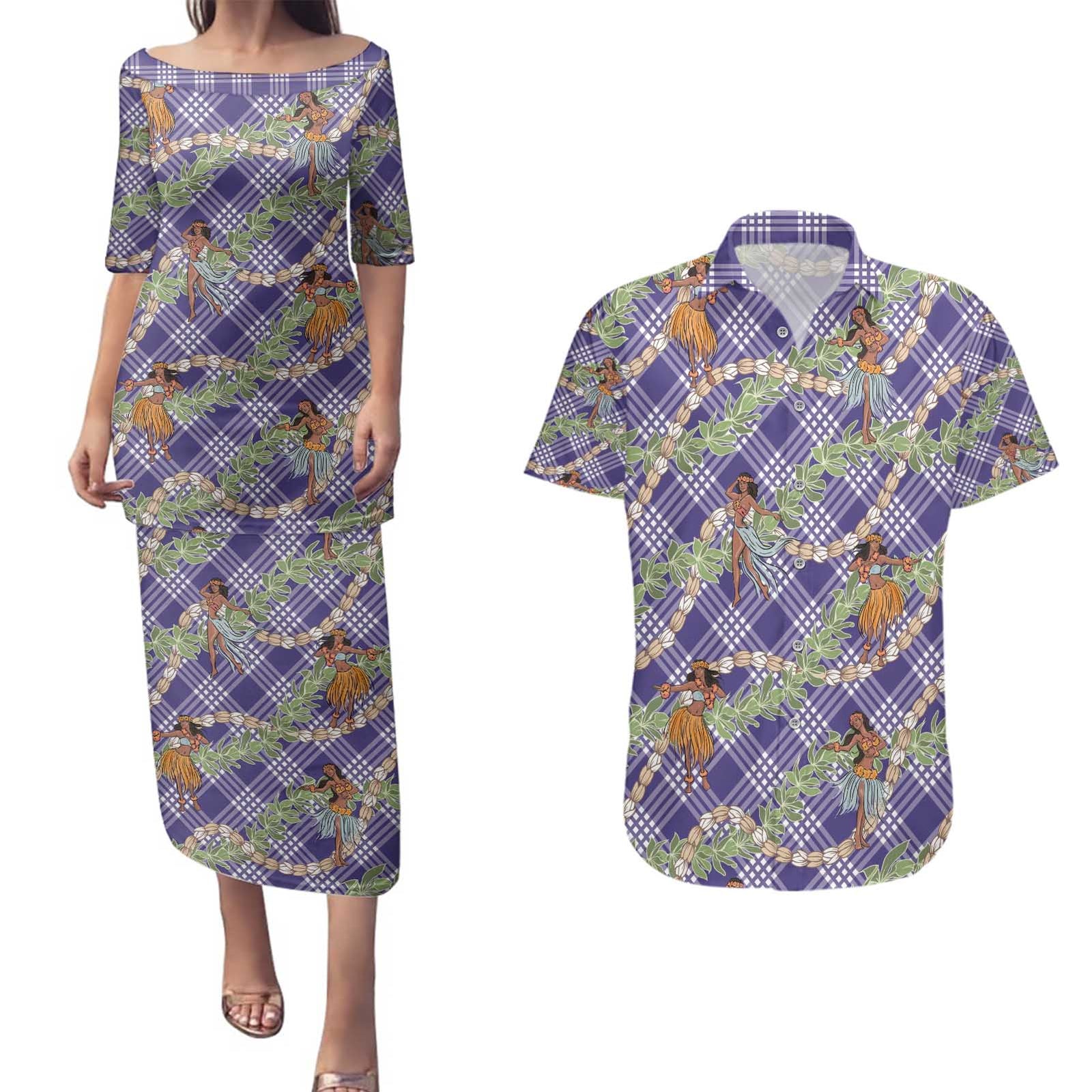 Lavender Palaka Hula Girls Seamless Hawaii Aloha Couples Matching Puletasi and Hawaiian Shirt - Polynesian Pride
