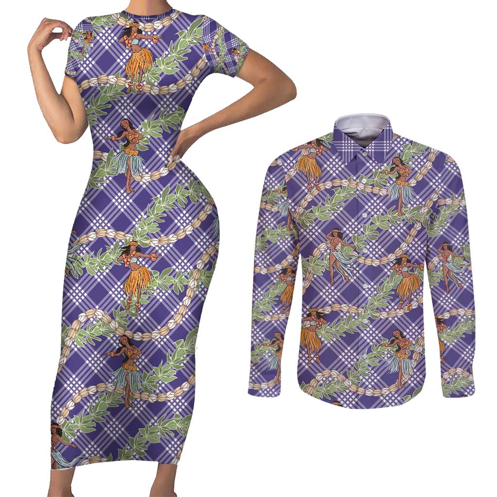 Lavender Palaka Hula Girls Seamless Hawaii Aloha Couples Matching Short Sleeve Bodycon Dress and Long Sleeve Button Shirt - Polynesian Pride
